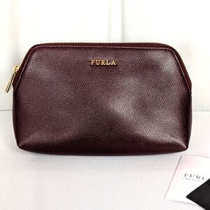Furla Burgundy Leather Cosmetic/Clutch/Bag Gold Hardware with dust bag NWT